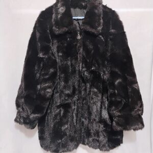 Dennis Basso Black Faux Fur Coat 31" Womens 2X Full Zip Penny Lane Collared